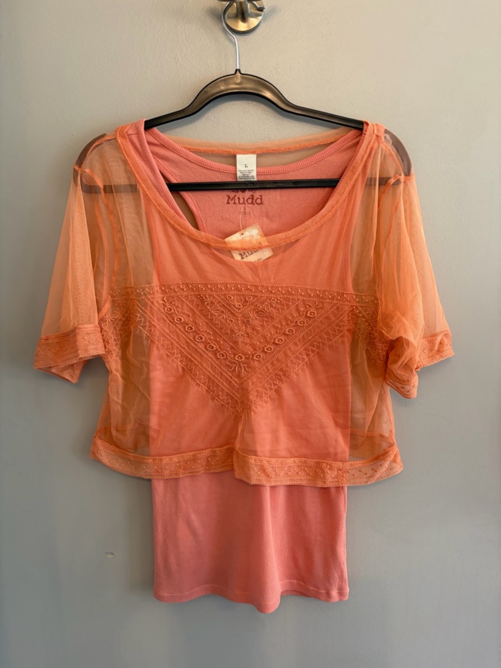 NWT Y2K Mudd layered top with fitted ribbed tank and sheer mesh overlay size L